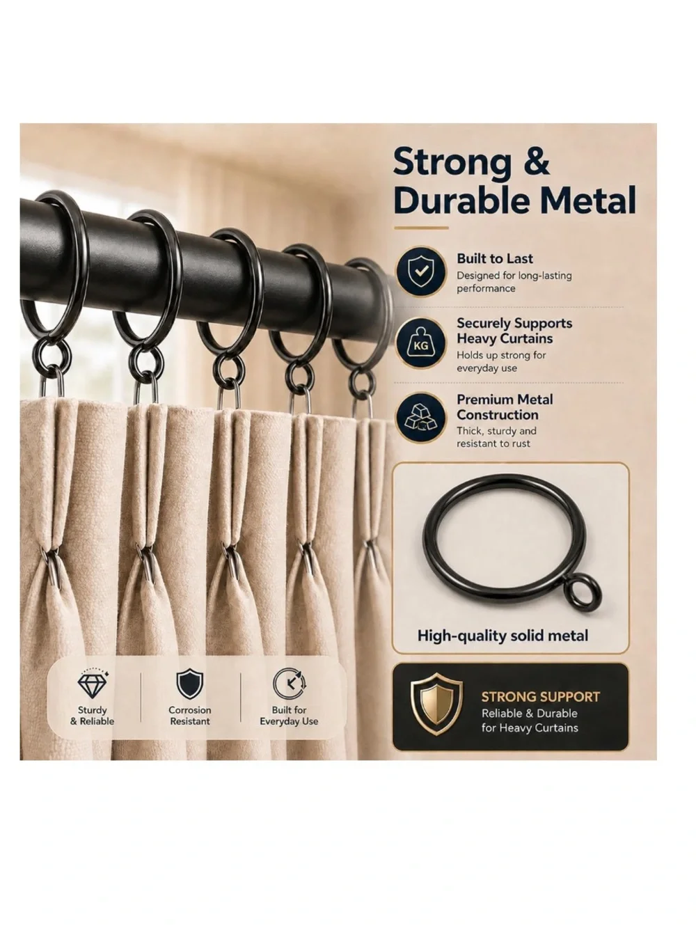 BLACK DRAPERY RINGS Metal Curtain Rings with Eyelet (fits up to 1” rod) 60pc.